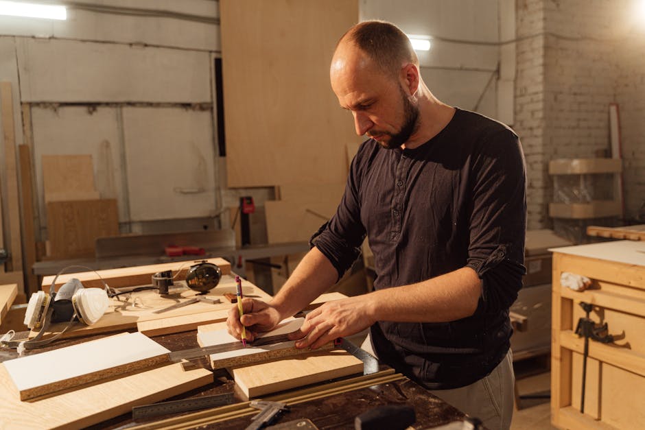 A focused craftsman measures wood planks in a workshop, emphasizing precision woodworking skills.